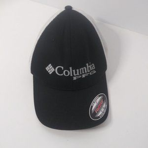 Columbia PFG Logo Mesh Ball Cap High Crown Black and White Size S/M Flexfit NWOT